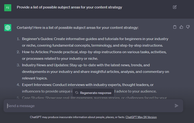 Provide a list of possible subject areas for your content strategy
